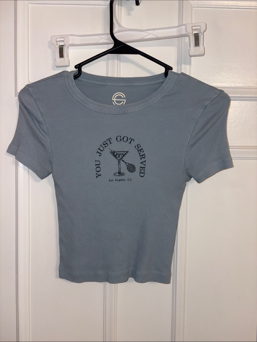Ribbed Crop Tee - Blue with 'You Just Got Served' Graphic